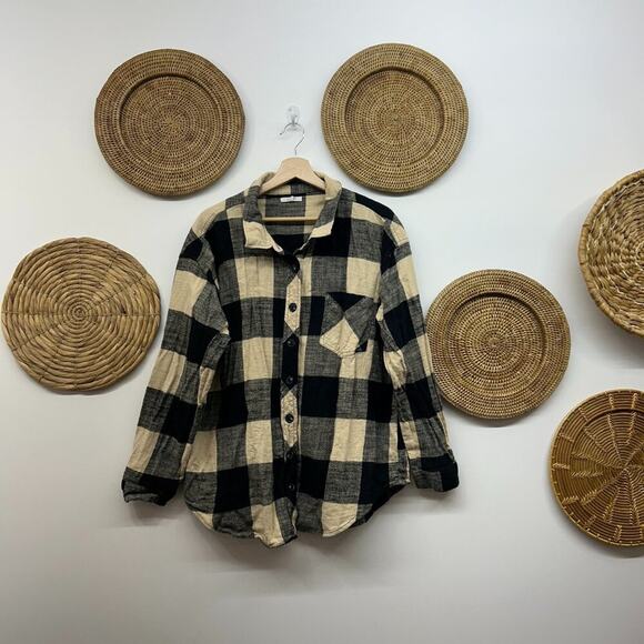 Maurices Tops - Maurices Black Beige Cotton Button Front Plaid Flannel Shirt Plus Size XXL